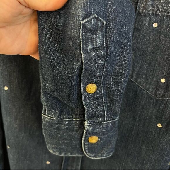 QUACKER FACTORY Womens Medium Blue Denim SEQUIN Blouse Shirt Button Front L/S - Picture 3 of 5